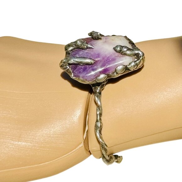 Handcrafted Amethyst Stone Claw Bangle Bracelet With Silver Blend Twist Design - Picture 9 of 11